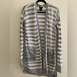 Women’s grey and white striped cardigan. Size small